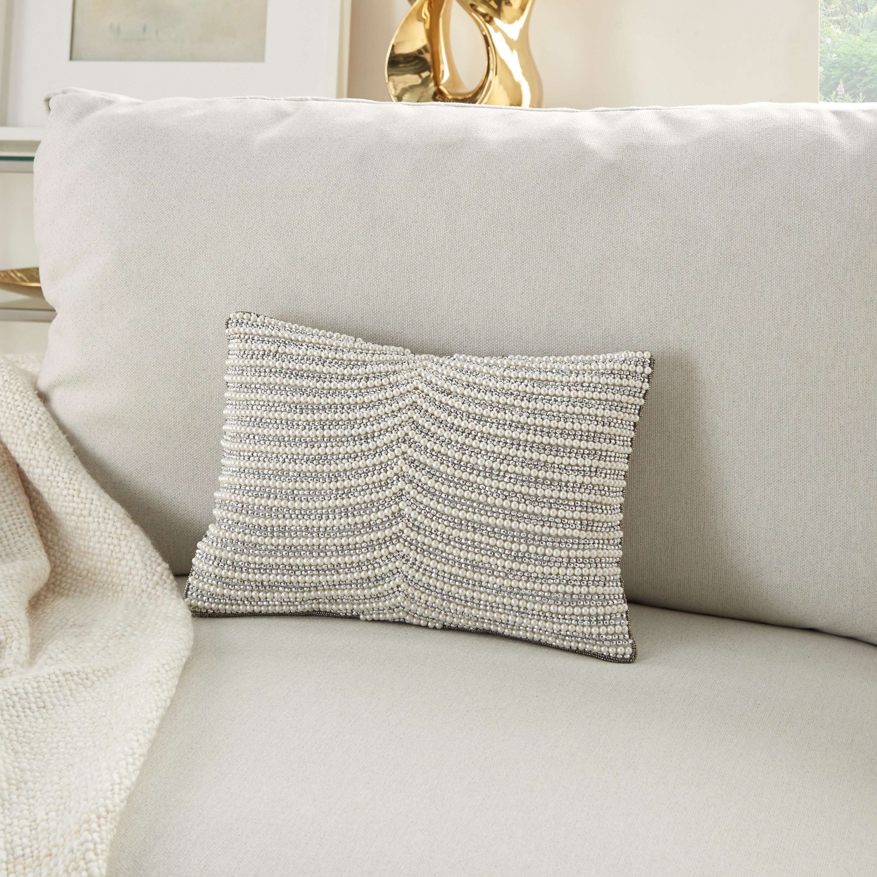 Nourison Luminescence Sweetheart Stripes Ivory/Silver Decorative Throw Pillow , 10