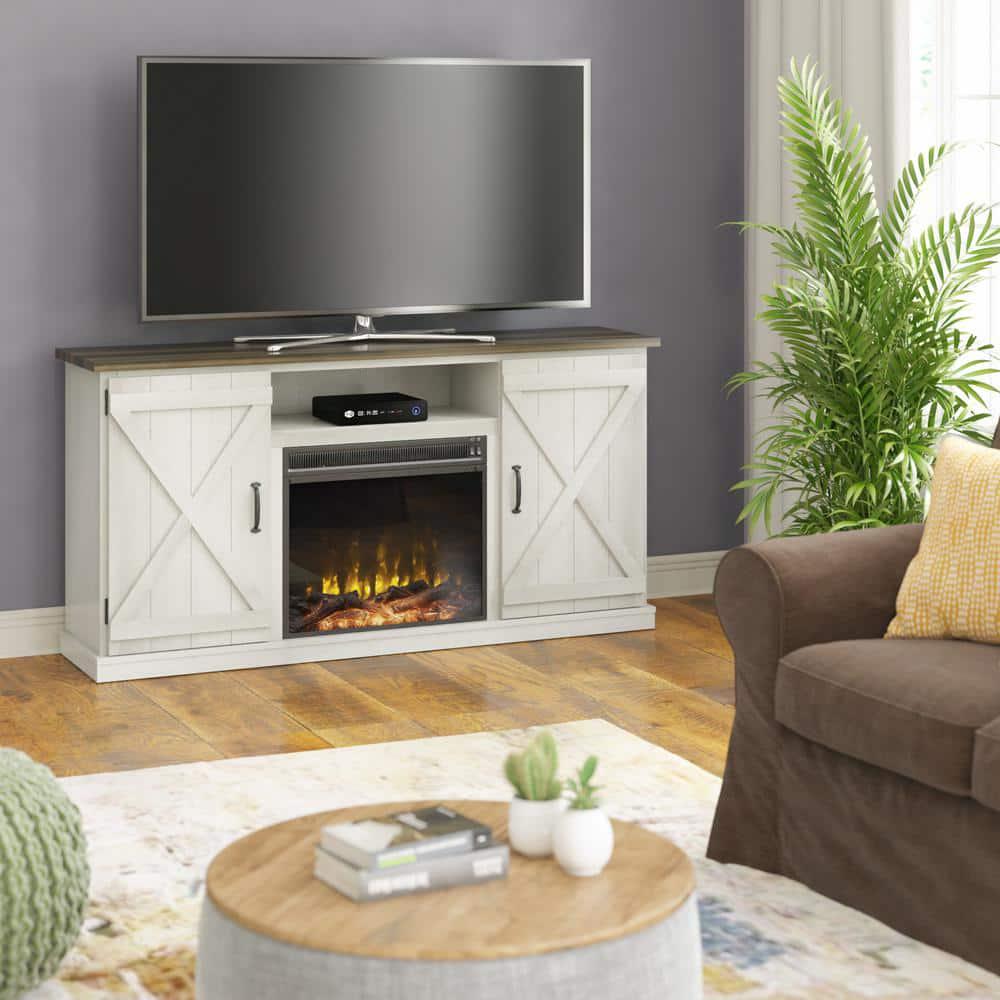 Twin Star Home 6338 in Freestanding Wooden Electric Fireplace TV Stand in Old Wood White