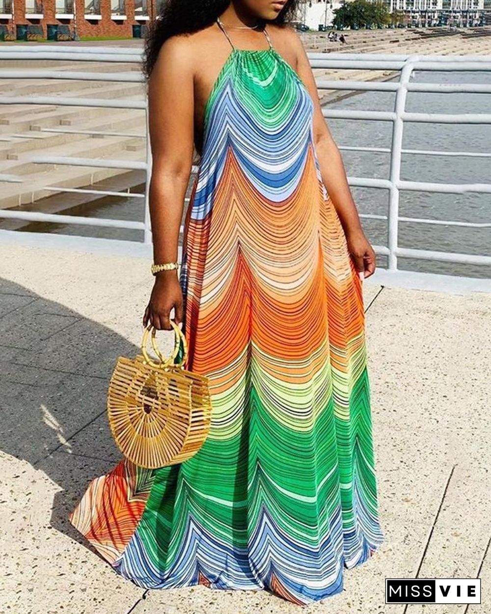 Colorblock Halter Sleeveless Maxi Dress