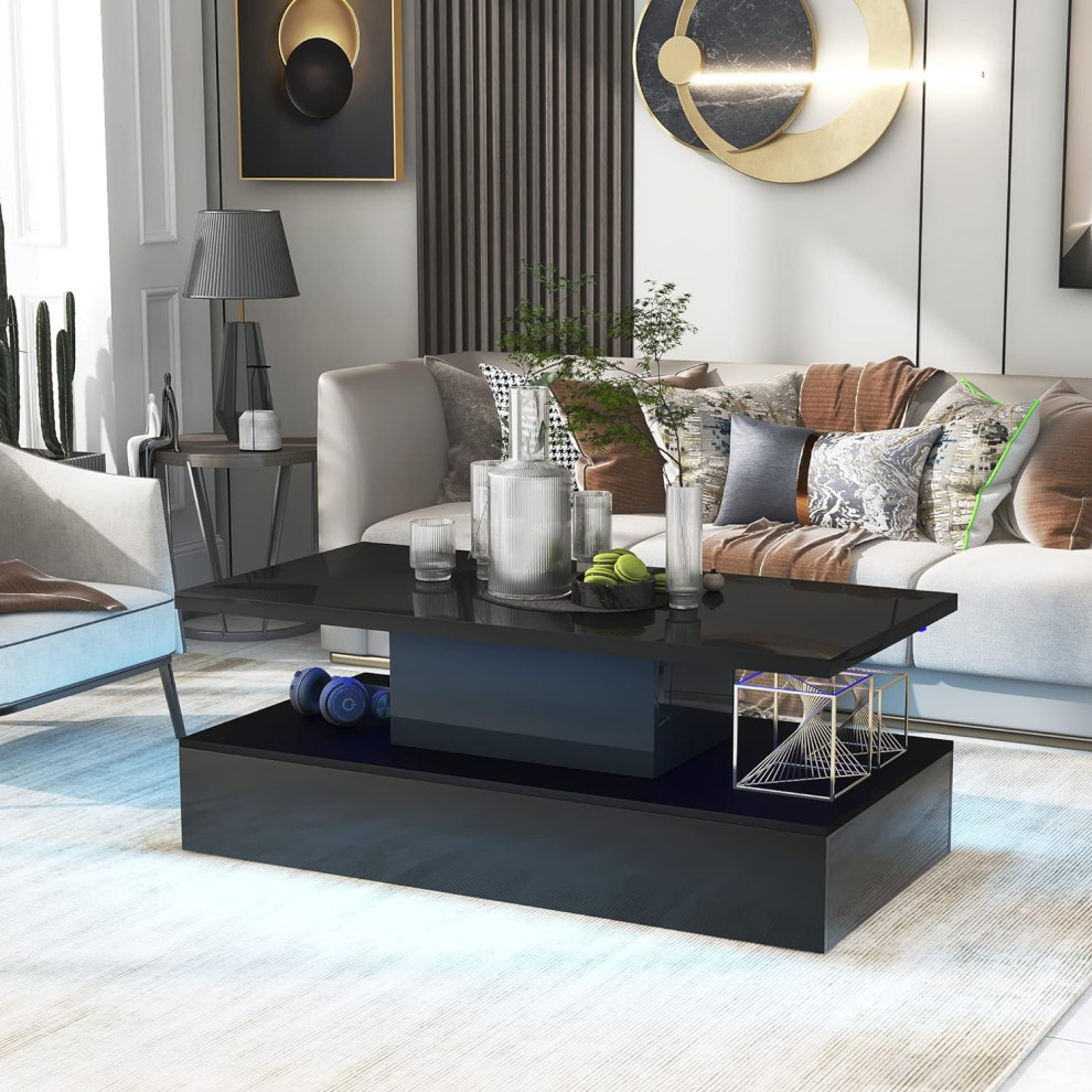 Modern Coffee Table  Rectangular Top With LED Lighting  High Gloss Black Finish   Modern   Coffee Tables   by Decor Love  Houzz