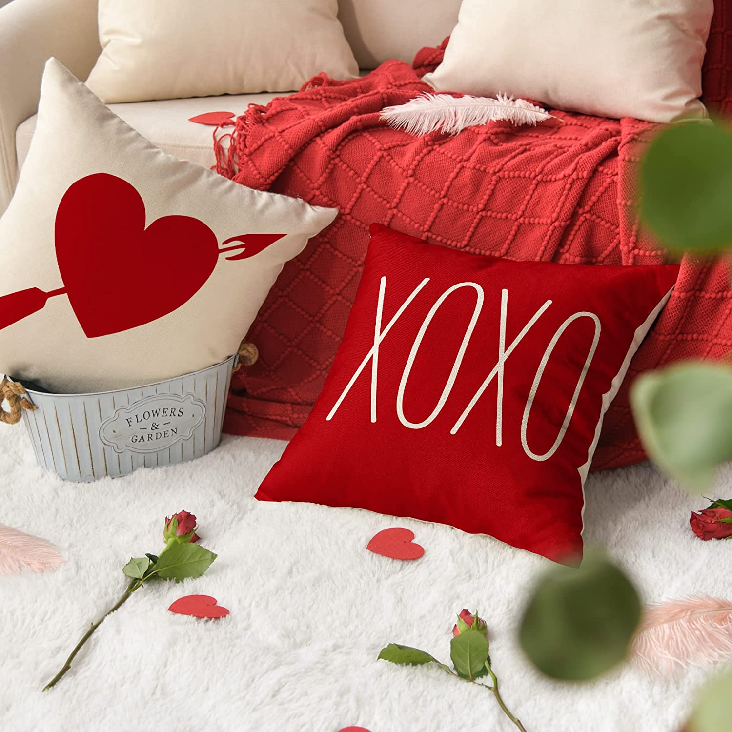 Artoid Mode Love Heart Kisses Hugs XOXO Valentine's Day Throw Pillow Cover 18 x 18 Set of 4 Decorative Farmhouse Outdoor Pillow Case Red Off White