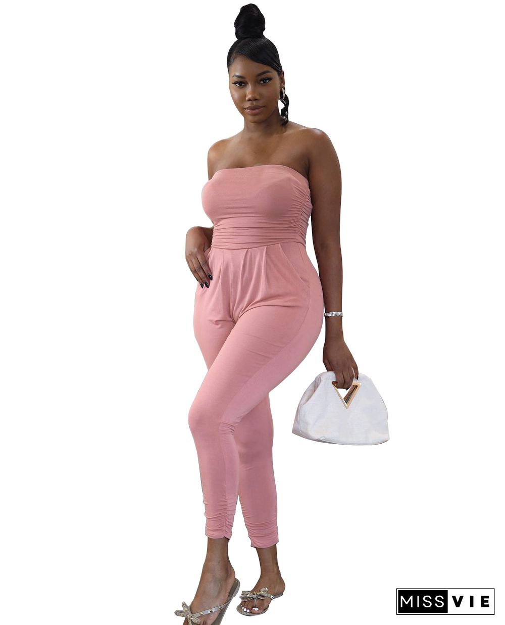 Solid Strapless Bodycon Streetwear One Piece Jumpsuit