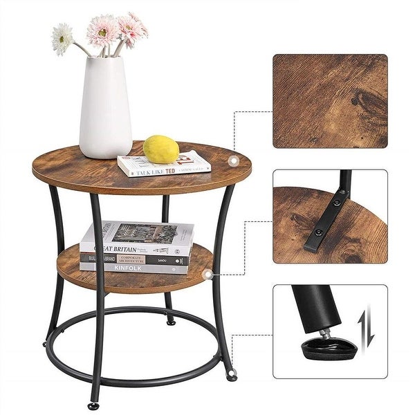 Side Table， Round End Table with 2 Shelves， Living Room， Bedroom， Easy Assembly， Metal， Industrial Design， Rustic Brown