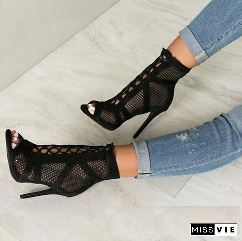 New Fashion Show Black Net Suede Fabric Cross Strap Sexy High Heel Sandals Woman Shoes Pumps Lace-up Peep Toe Sandals