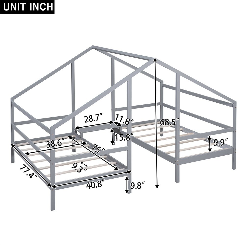 Double Twin Size Wooden House Bed Platform Bed Daybed with Built in Table