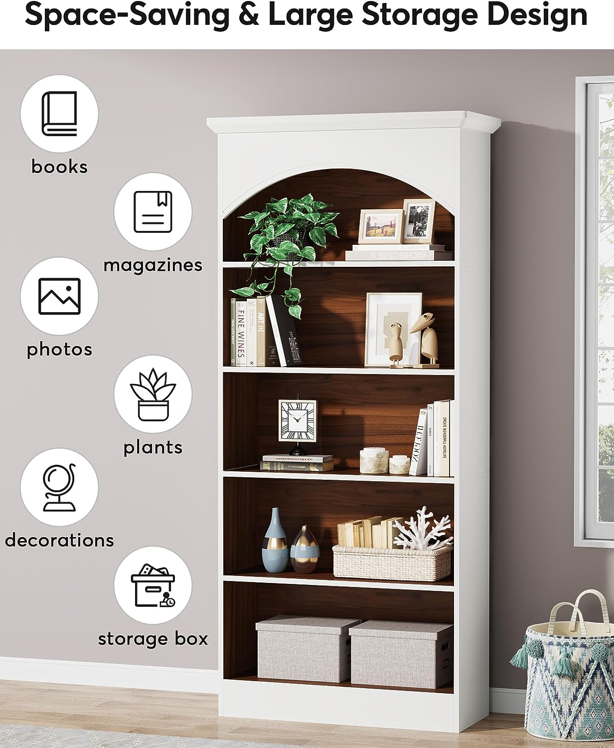 5-Shelf Bookcase, 70.9 Tall Bookshelf with Storage Shelves