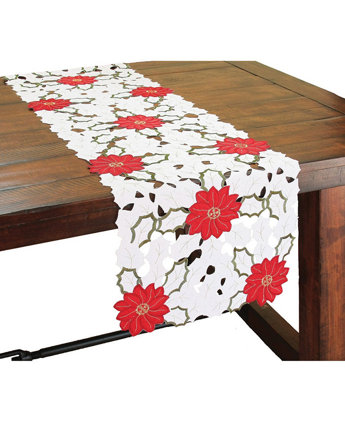 Xia Home Fashions Holiday Poinsettia Embroidered Cutwork Table Runner 54 x 15