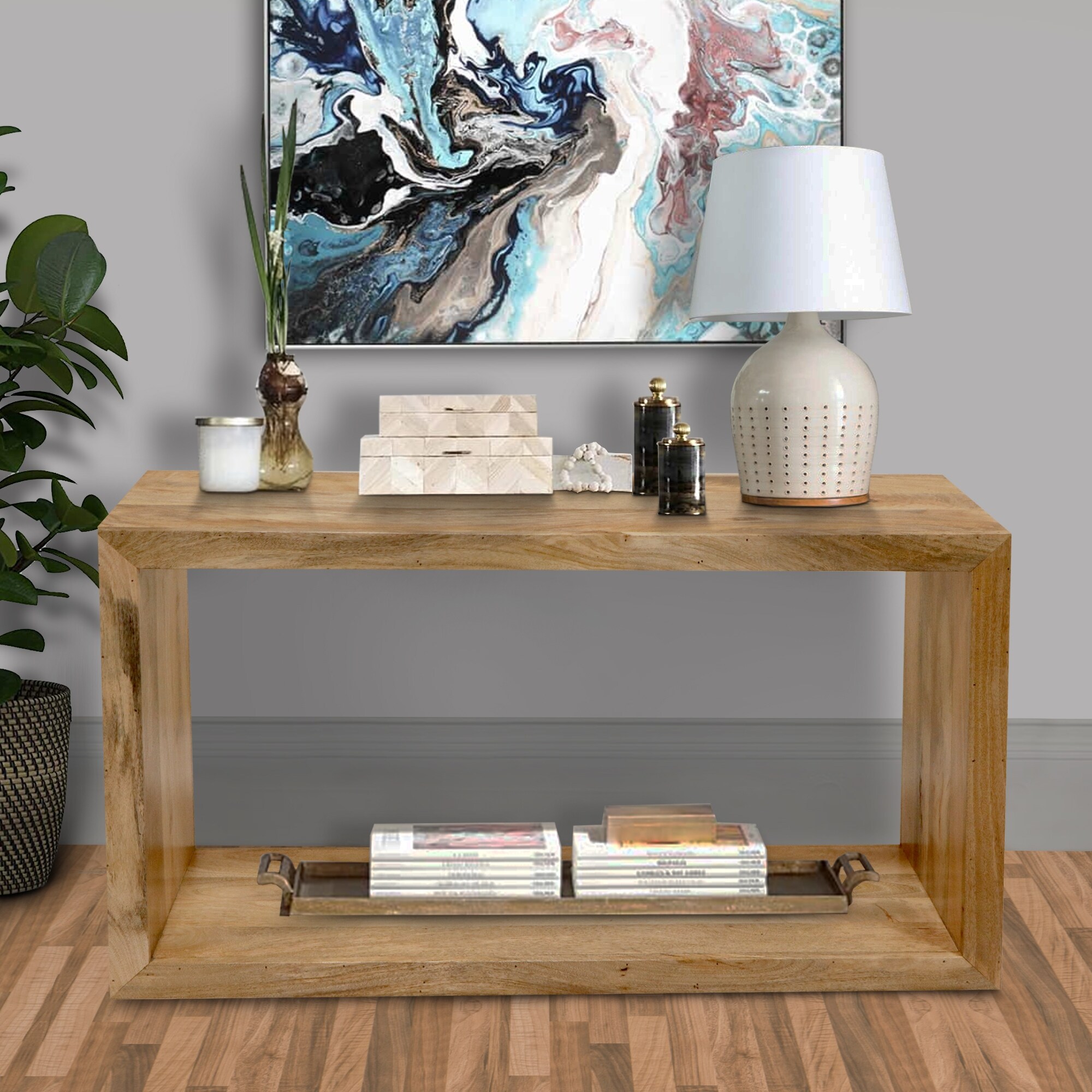 Keli 52 Inch Mango Wood Sideboard Console Table， Open Cube， 1 Shelf， Natural Brown