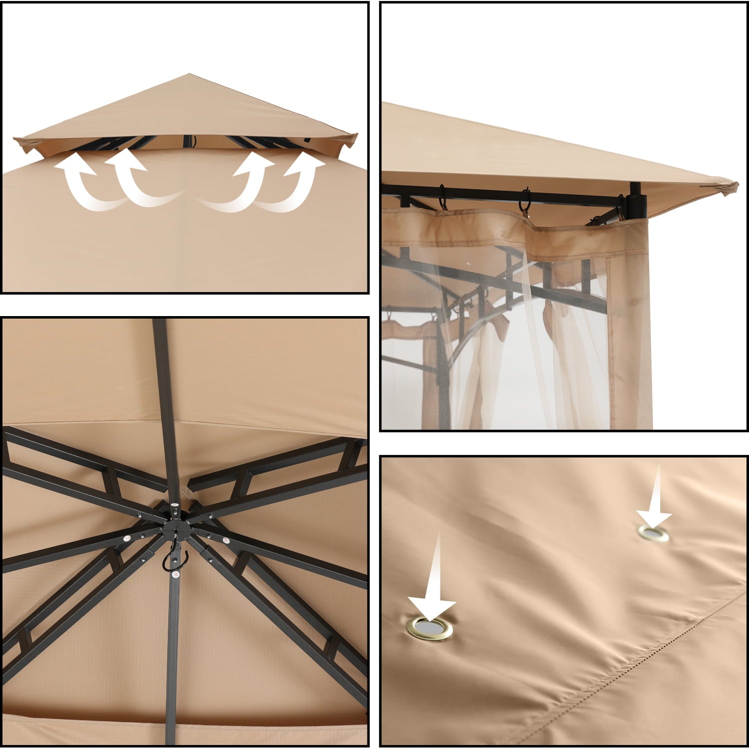 ABCCANOPY 11'x11' Patio Gazebo With Mosquito Netting and Double Soft Roof Canopies for Shade and Rain,Khaki