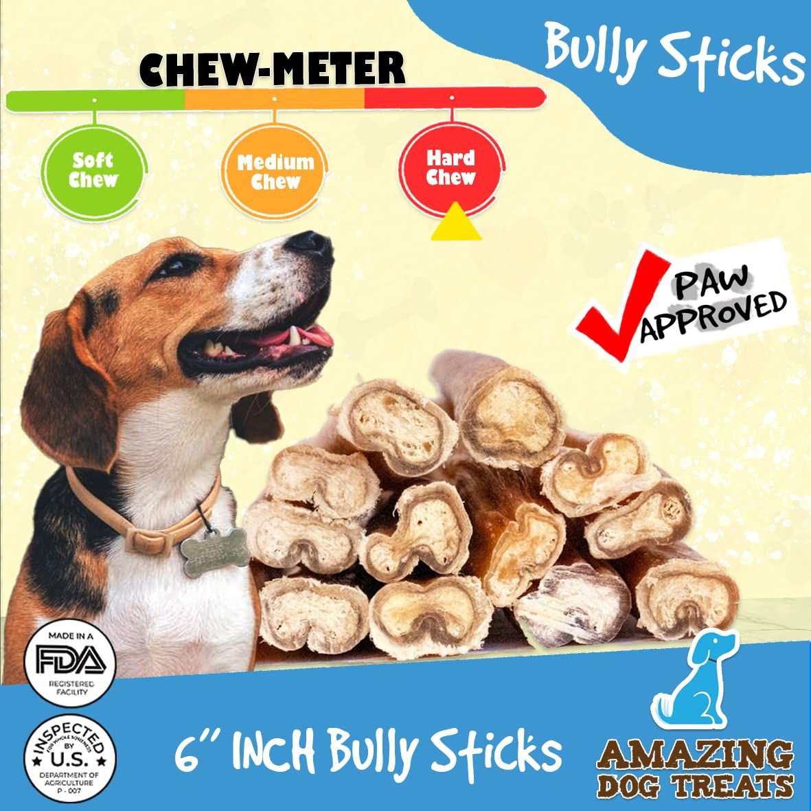 Amazing Dog Treats 6-inch Bully Stick Dog Treats， 15 count