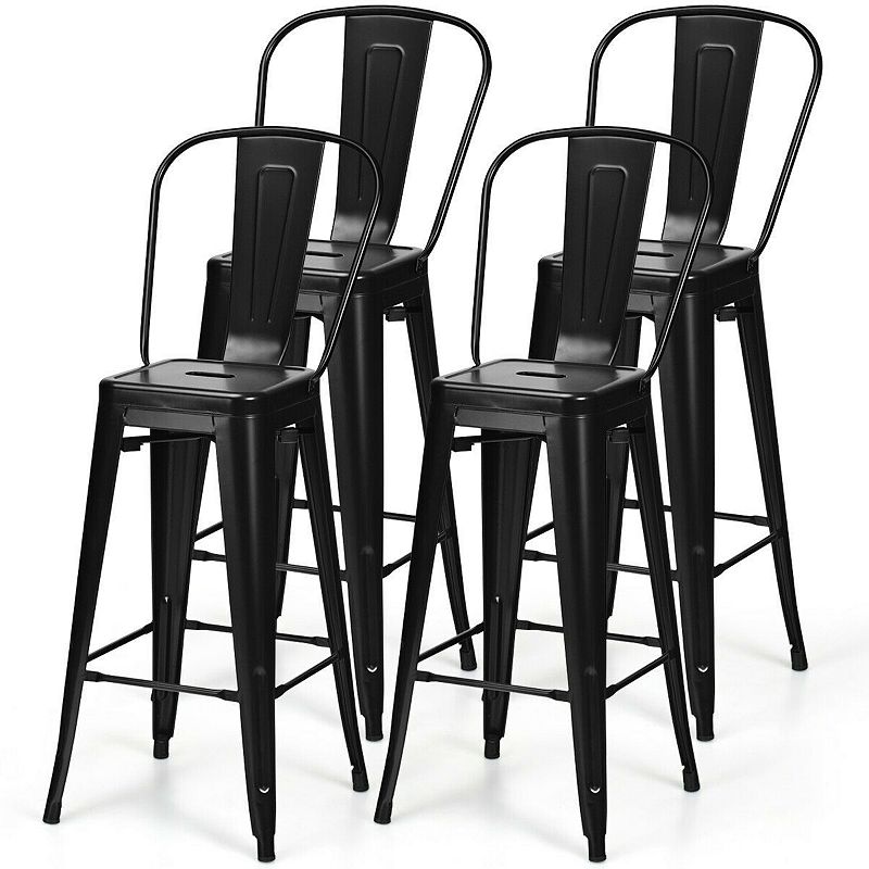 Set Of 4 Black 30 Height High Back Metal Industrial Bar Stools