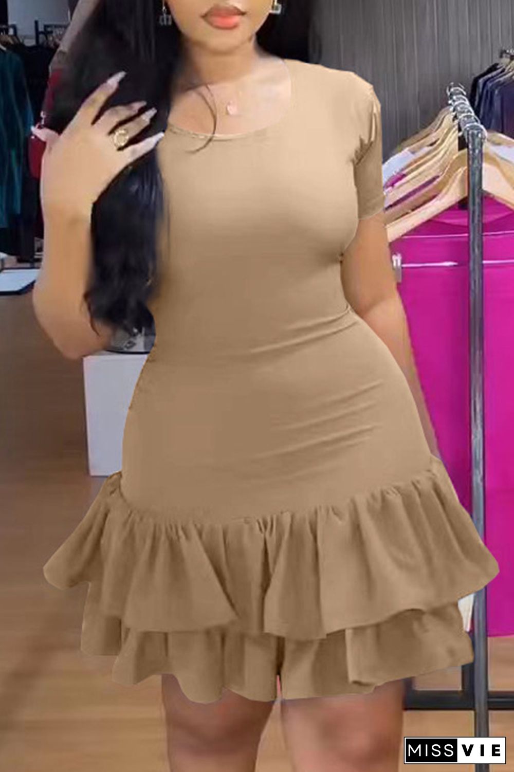 Khaki Sexy Casual Solid Flounce O Neck Cake Skirt Dresses