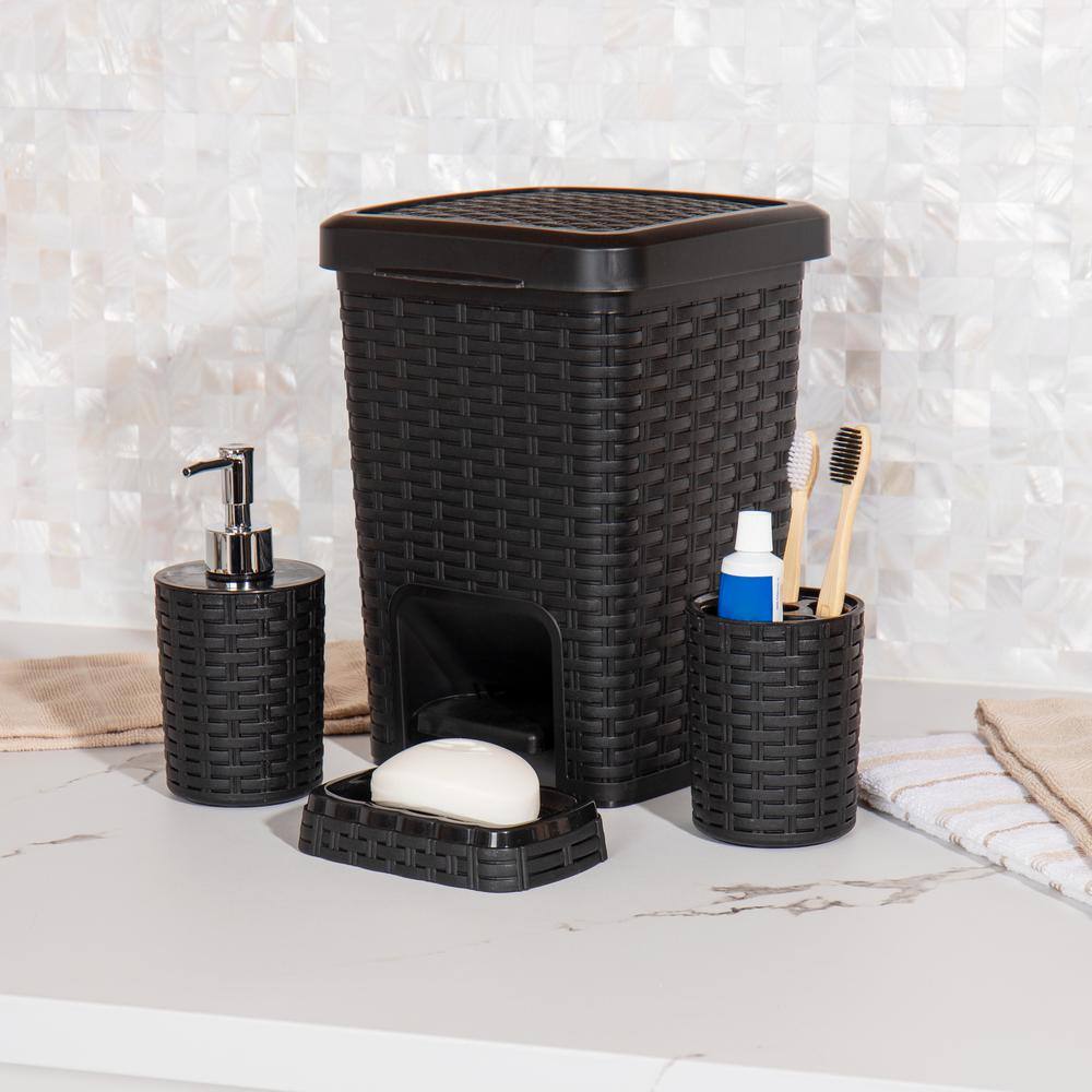 Mind Reader Basket Collection 4 Piece Bath Accessory Set Wastepaper Basket Toothbrush Holder Soap Dispenser and Soap Dish Black SQUBATH4-BLK