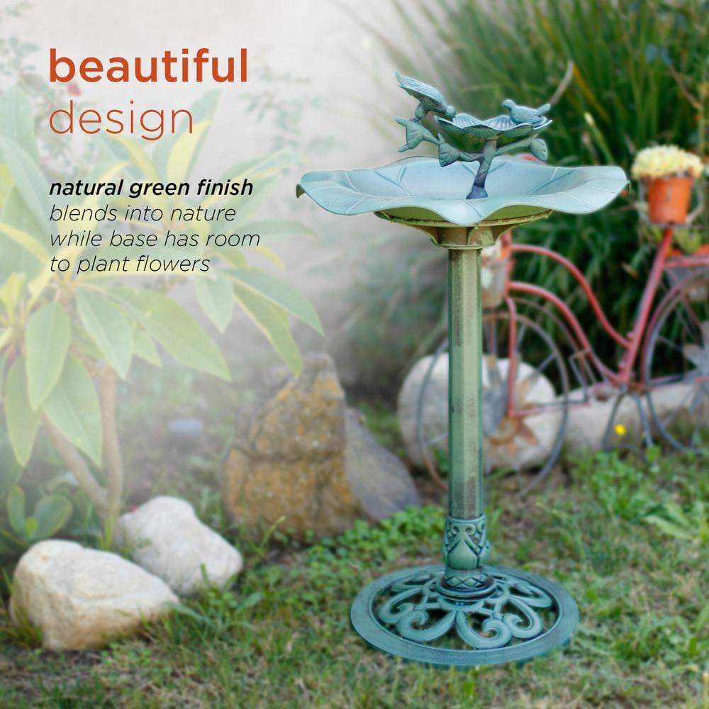 Alpine Corporation 33 in. Tall Outdoor Lotus Birdbath Yard Statue， Green TEC108