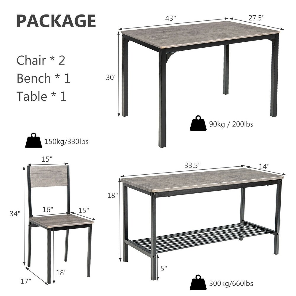 4 Pieces Rustic Dining Table Set with 2 Chairs and Bench   43\