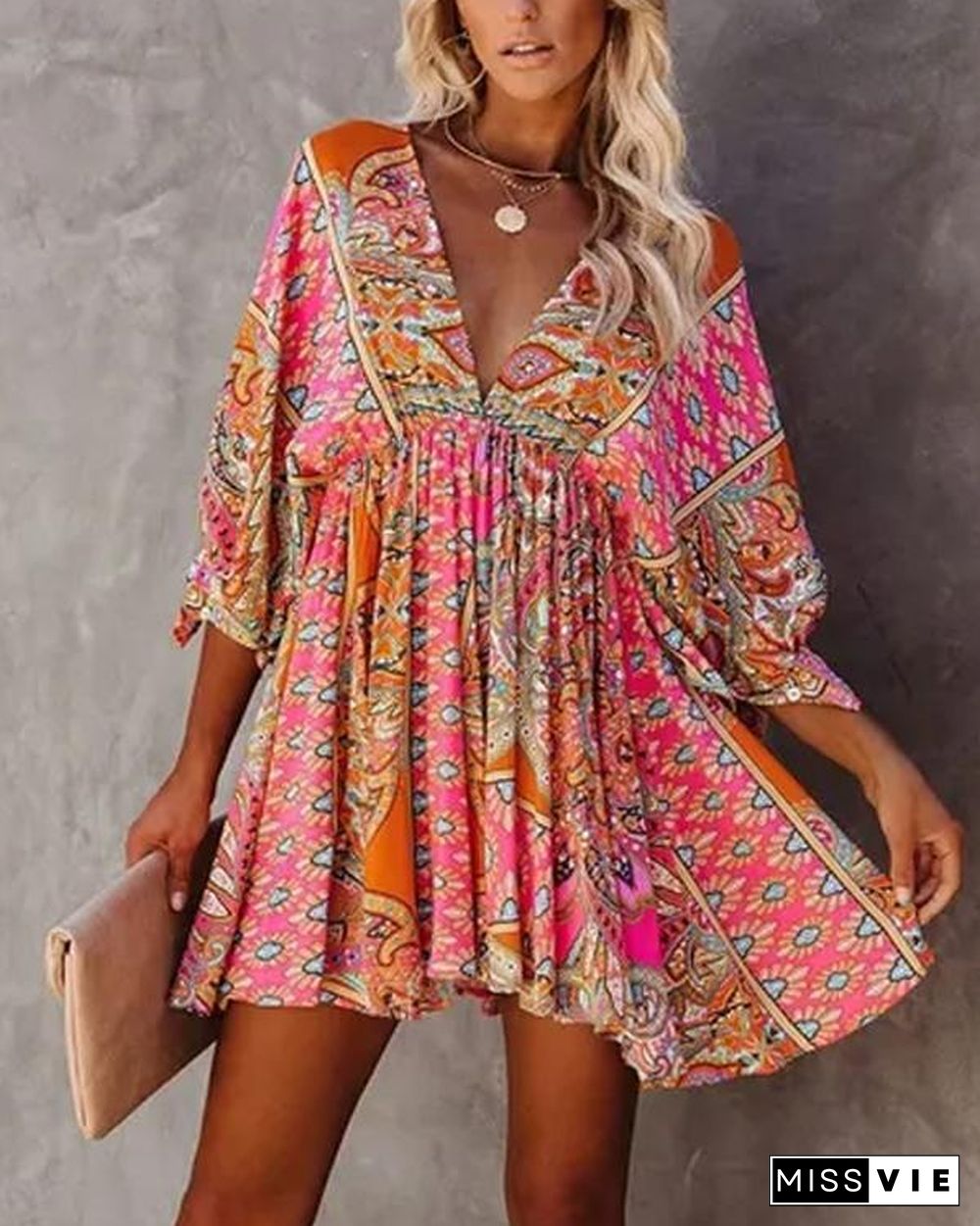 Peony Floral V Neck Back Lace Up Dress