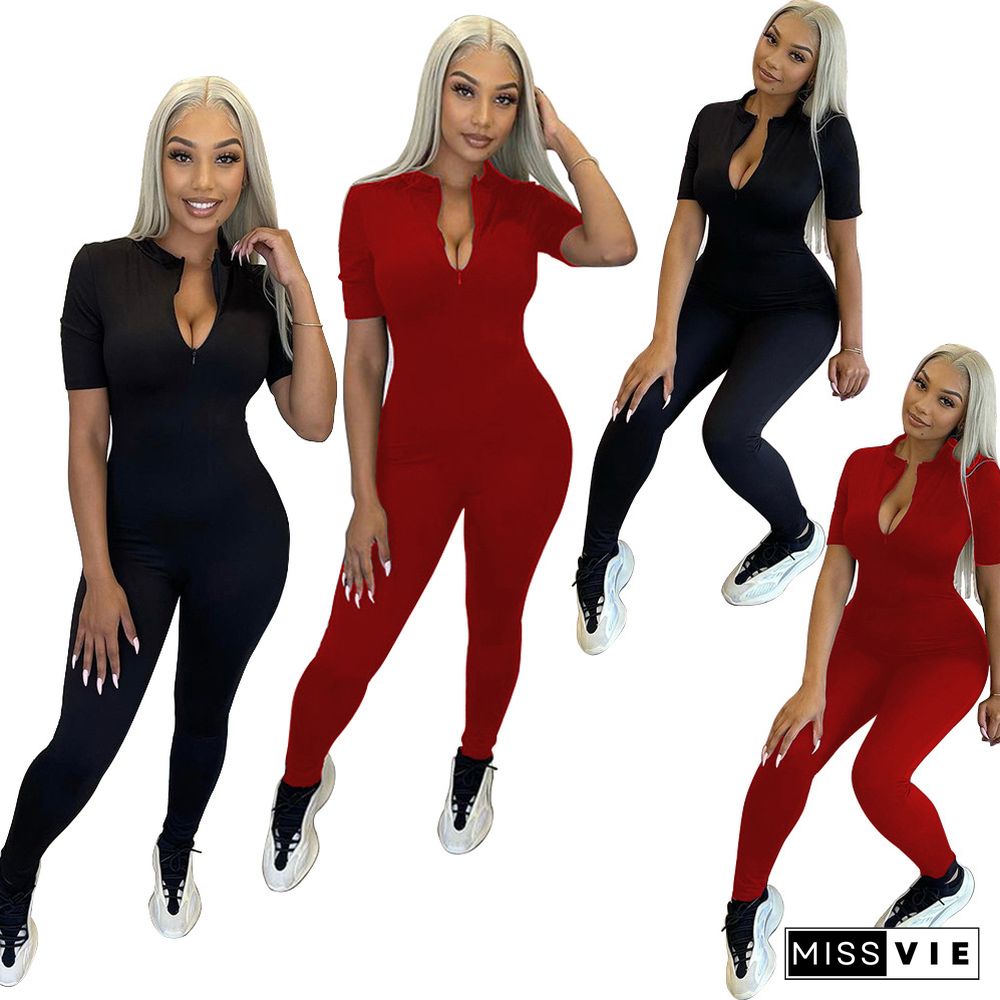 Solid Color Front Zipper Round Neck Short Sleeve Workout Active Wear Bodycon Womens Jumpsuit