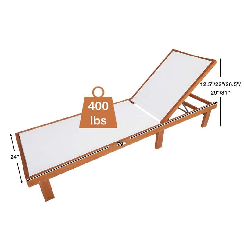 5-Position Wood Outdoor Patio Chaise Lounge Chair Pool Sun Lounger with Breathable Fabric