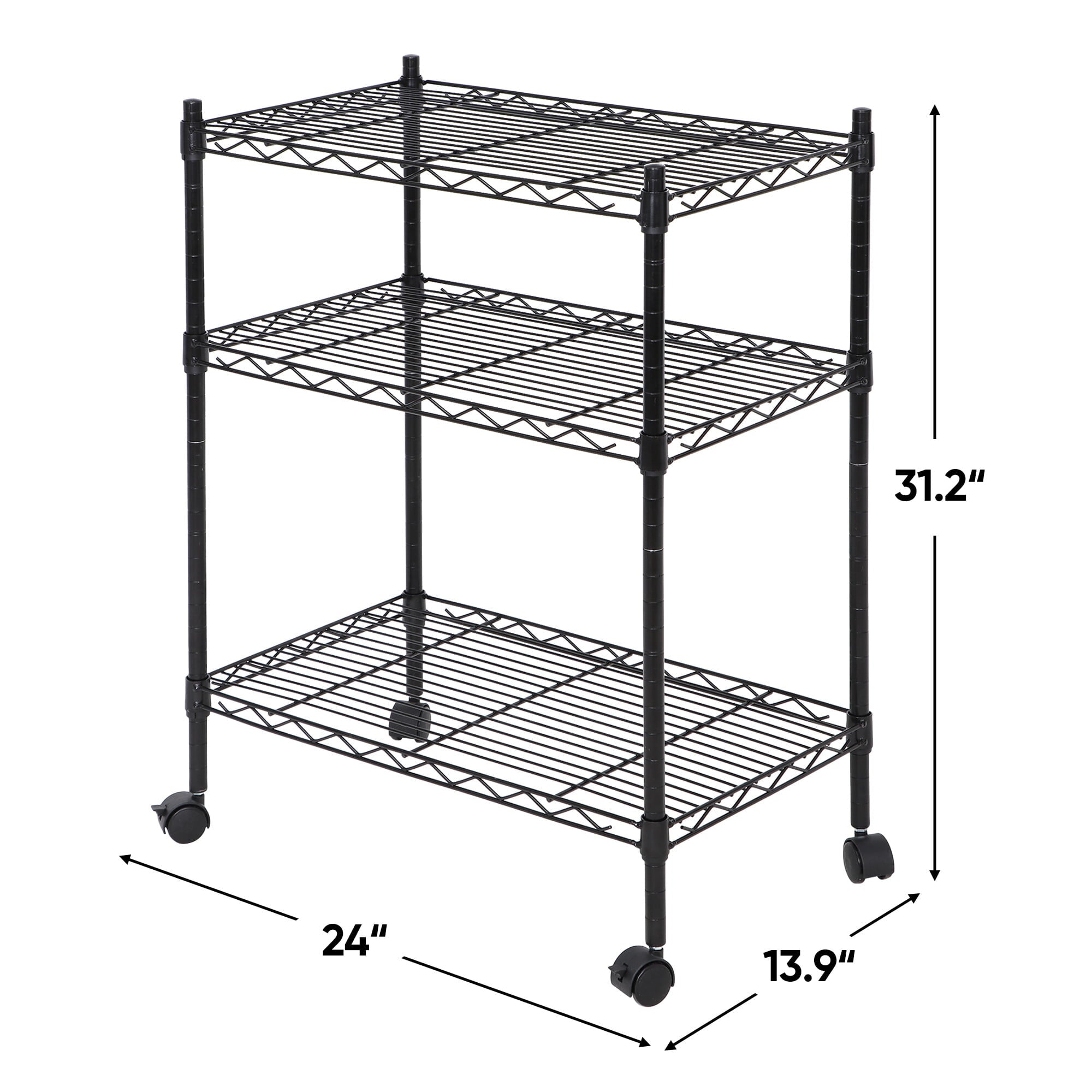 ZENY  3 Tires Rolling Kitchen Cart Height Adjustable Storage Tower Black