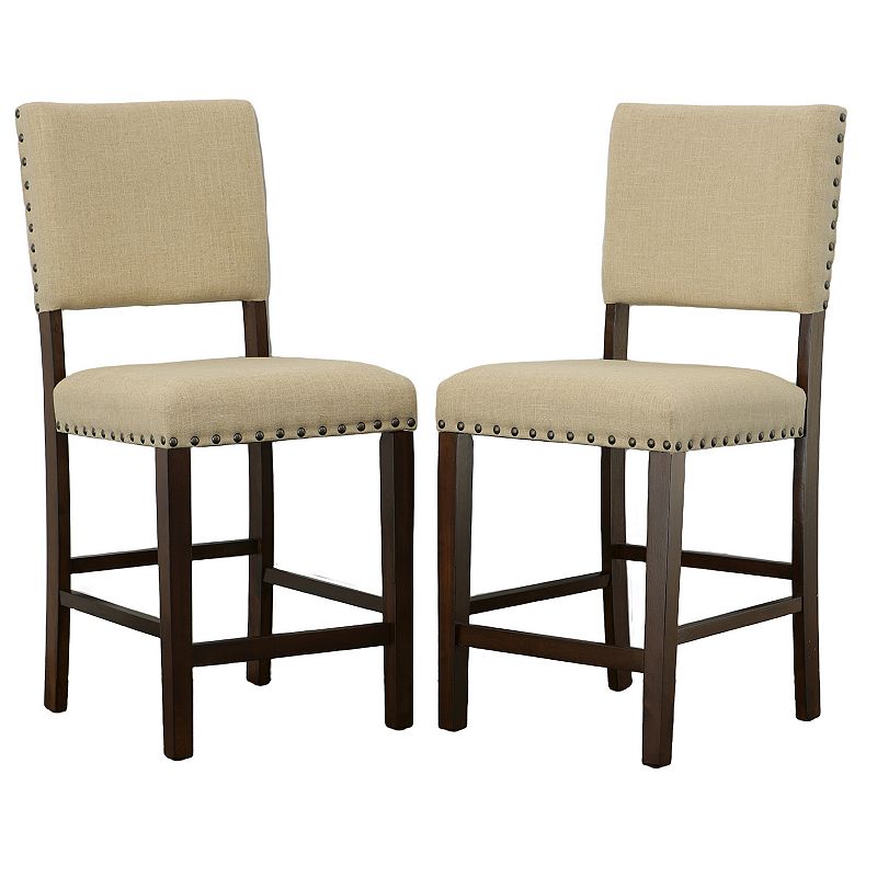 Fabric Counter Height Chair with Nailhead Trims， Set of 2， Brown and Cream