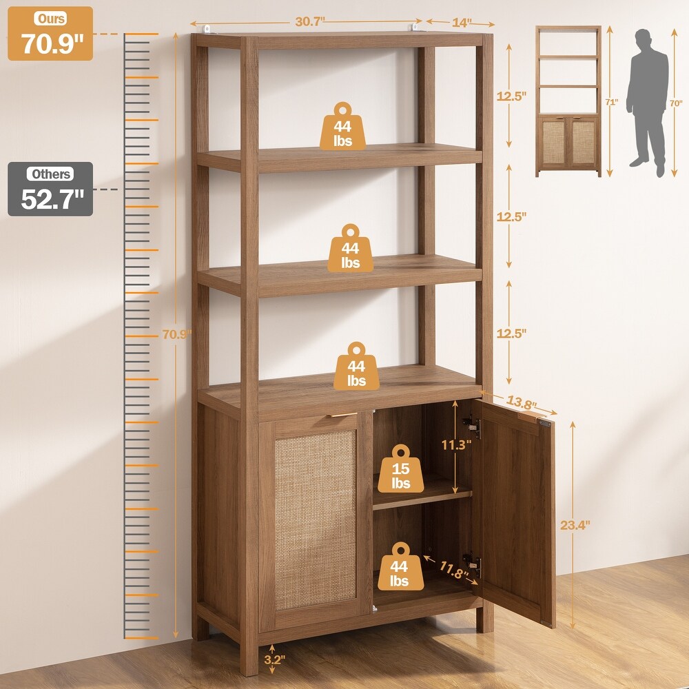 SICOTAS 5 Tier Adjustable Bookshelf with Rattan Storage Cabinet