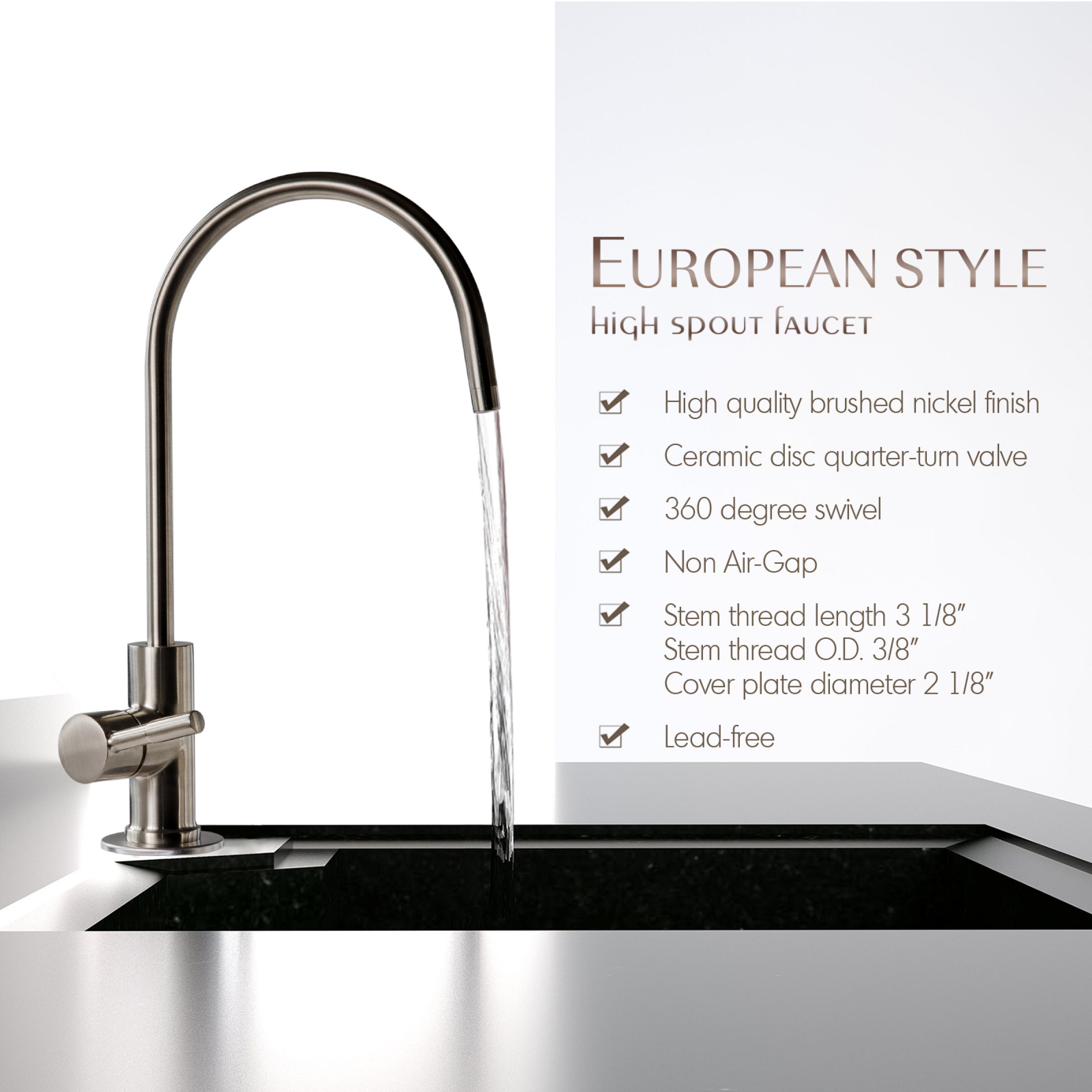 iSpring GA1-AW Reverse Osmosis， Kitchen Bar Sink Lead-Free Drinking Water Faucet， Contemporary Style， High Spout， Antique Wine