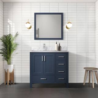 Lexora Jacques 36 in. W x 22 in. D Left Offset Navy Blue Bath Vanity and Carrara Marble Top LJ342236SEDS000L