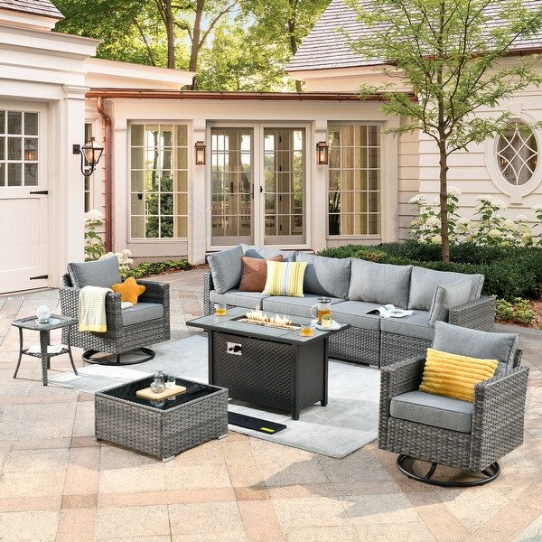 XIZZI 9 Pieces Patio Wicker Furniture Swivel Rocker with Firepit Table