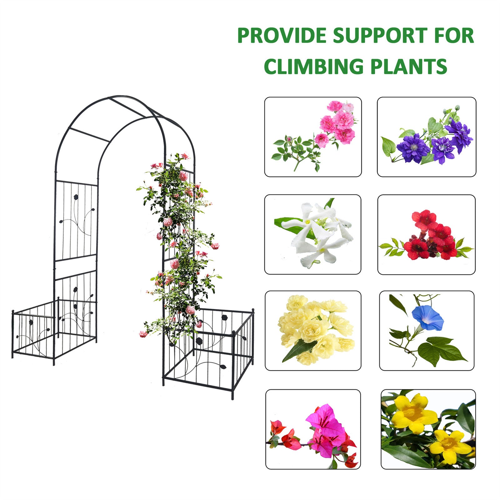 Metal Garden Arch Garden Arbor with Double Doors 2 Side Planter Baskets for Wedding Party Decoration Climbing Plants Support