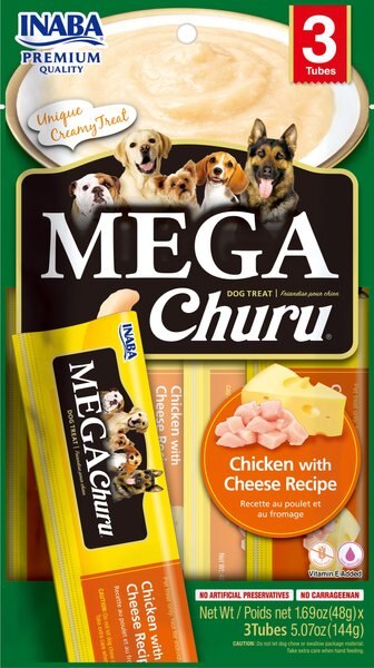 Inaba Dog Mega Churu Chicken and Cheese Flavored Grain-Free Lickable Dog Treats， 1.69-oz， 3 count