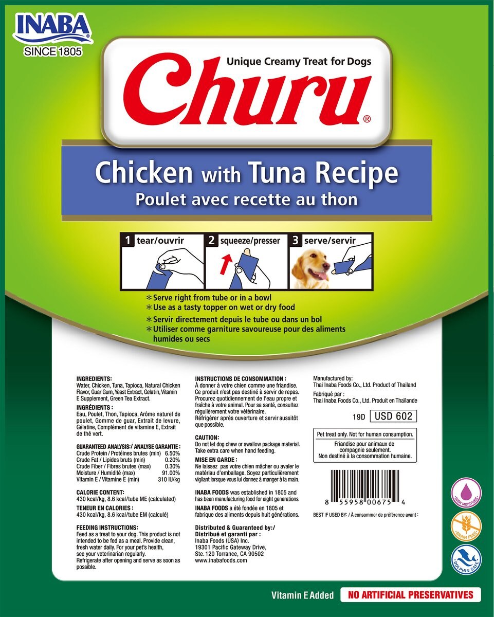 Inaba Churu Chicken with Tuna Recipe Grain-Free Lickable Dog Food Treat， 0.7-oz， pack of 8