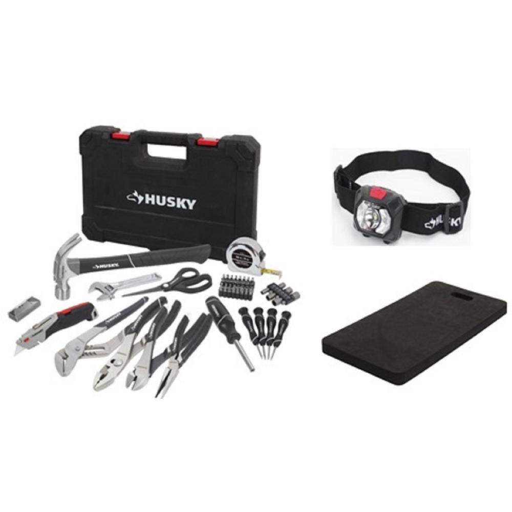 Husky 60-Piece Home Repair tool set Bundled with Headlamp and Knee Pad 90658