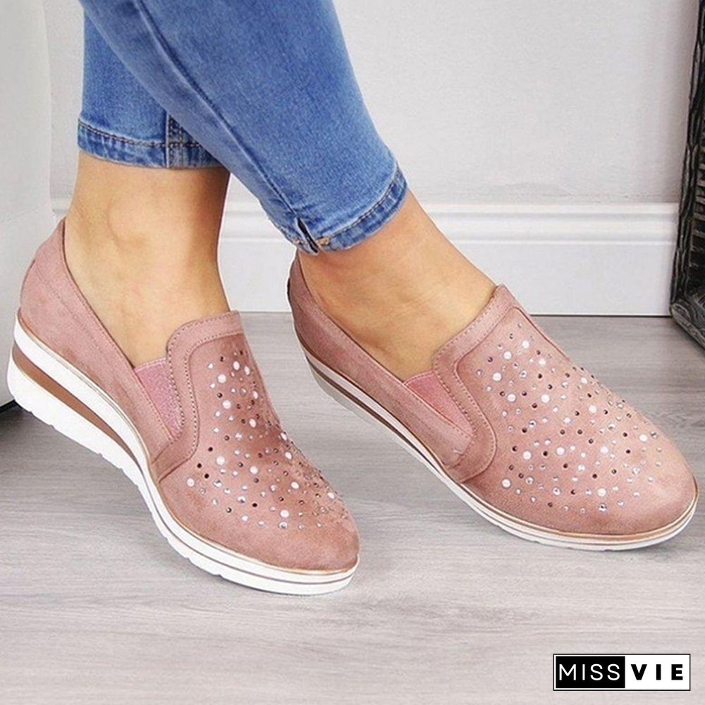 Women Casual Thick Sole Single Shoes Rhinestones Sandals Breathable Wedge Shoes