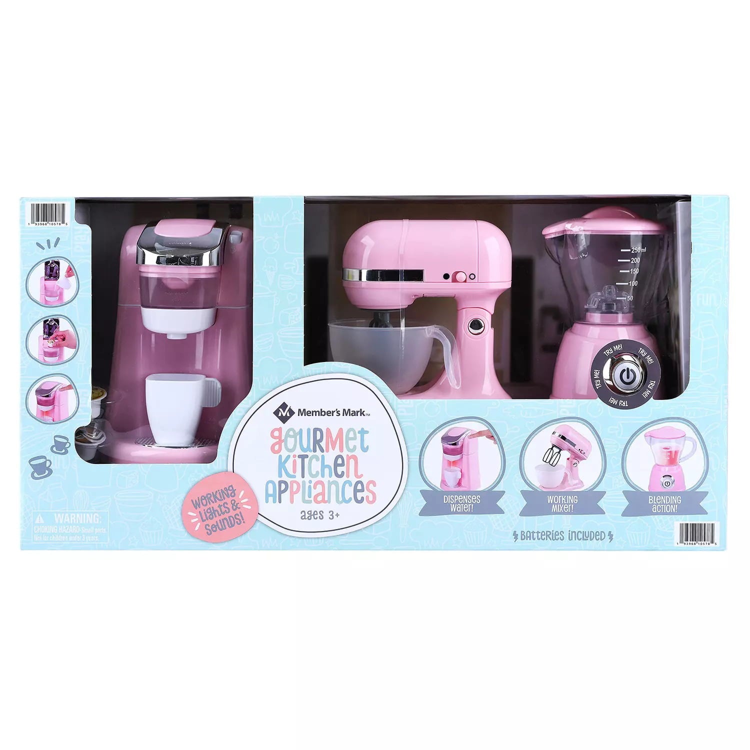 Member S Mark 3-Pc. Gourmet Kitchen Appliance Set (Pink) Realistic Sounds and Lights， Includes Coffee Maker， Mixer and Blender