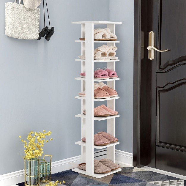 Tangkula 7 tier Wooden Shoe Rack Narrow Vertical Shoe Stand Storage Display Shelf White