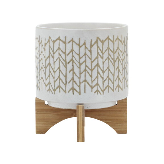 8 CHEVRON PLANTER w/ WOOD STAND  BEIGE B079106873