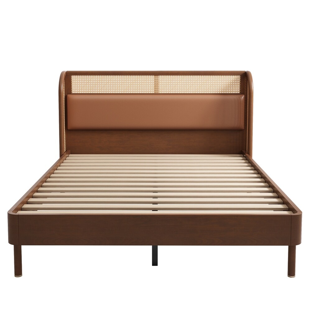 Queen Size Cannage Rattan Wood Platform Bed