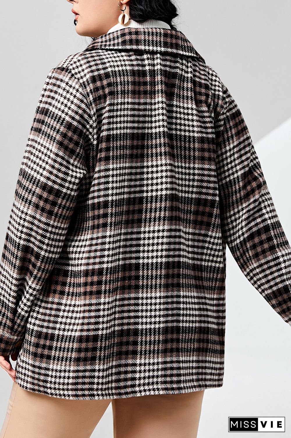 Plaid Open Button Pocket Plus Size Jacket