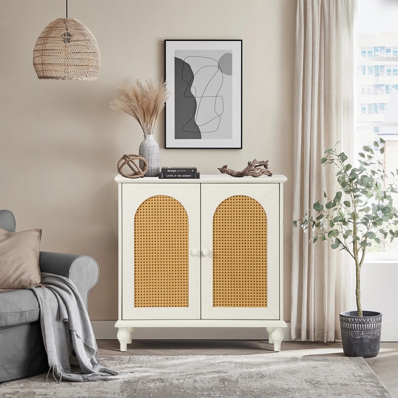 Rattan Storage Cabinet with Door and Adjustable Shelves  Antique White