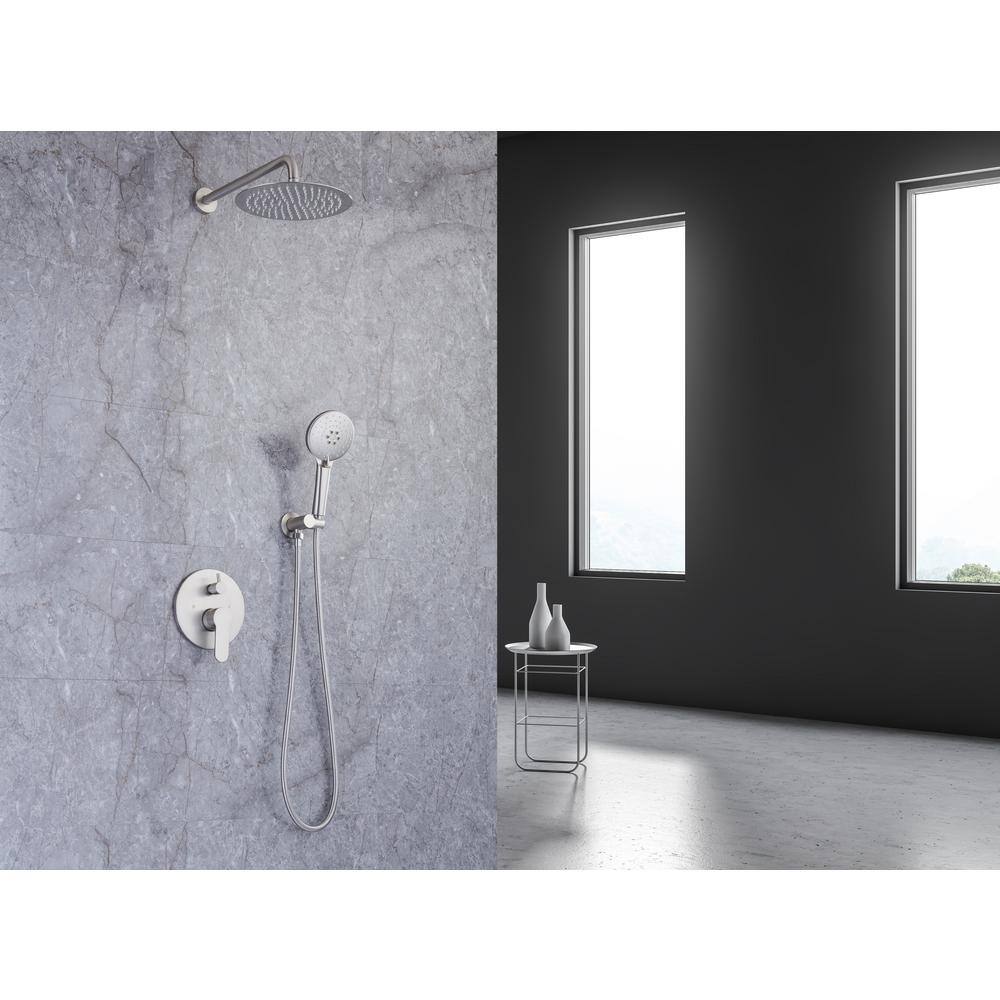 Tahanbath 3-Spray Pattern with 2.5 GPM 10 in. Wall Mount Shower System Set Dual Shower Heads with Handheld Spray in Brushed Nickel W1194-D96202BN-ZQ