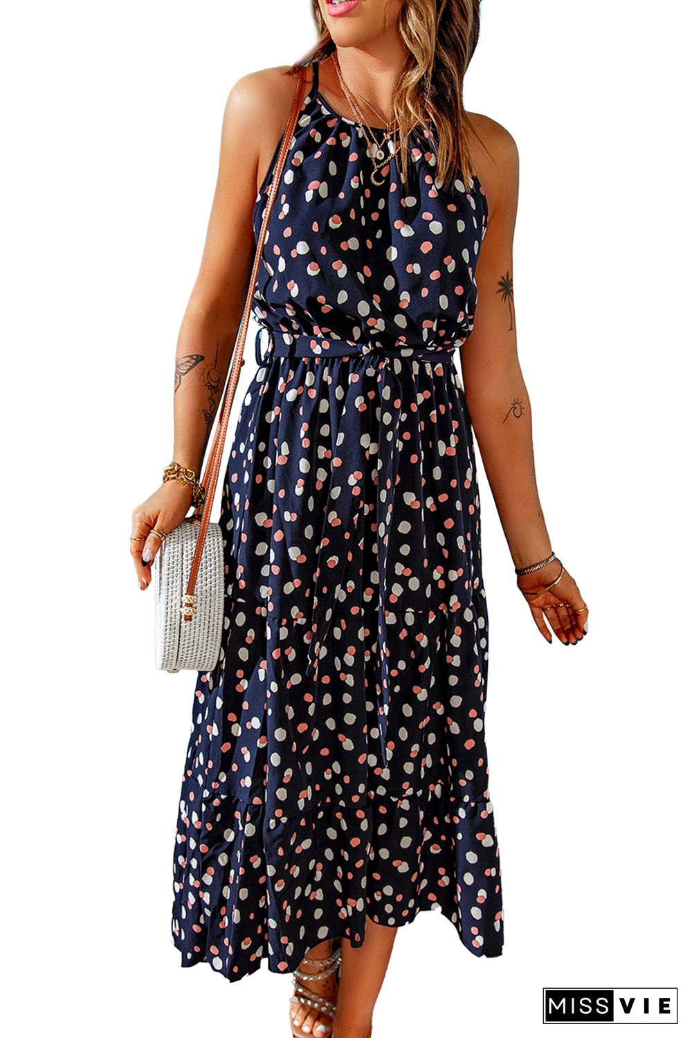 Blue Polka Dot Print Spaghetti Straps Maxi Dress