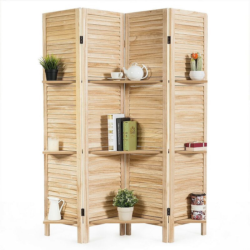 4 Panel Folding Room Divider Screen with 3 Display Shelves