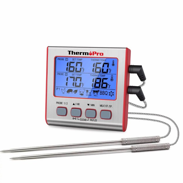 Thermopro Tp17w Digital Meat Thermometer With Dual Probes And Timer Mode Grill Smoker Thermometer With Large Lcd Display