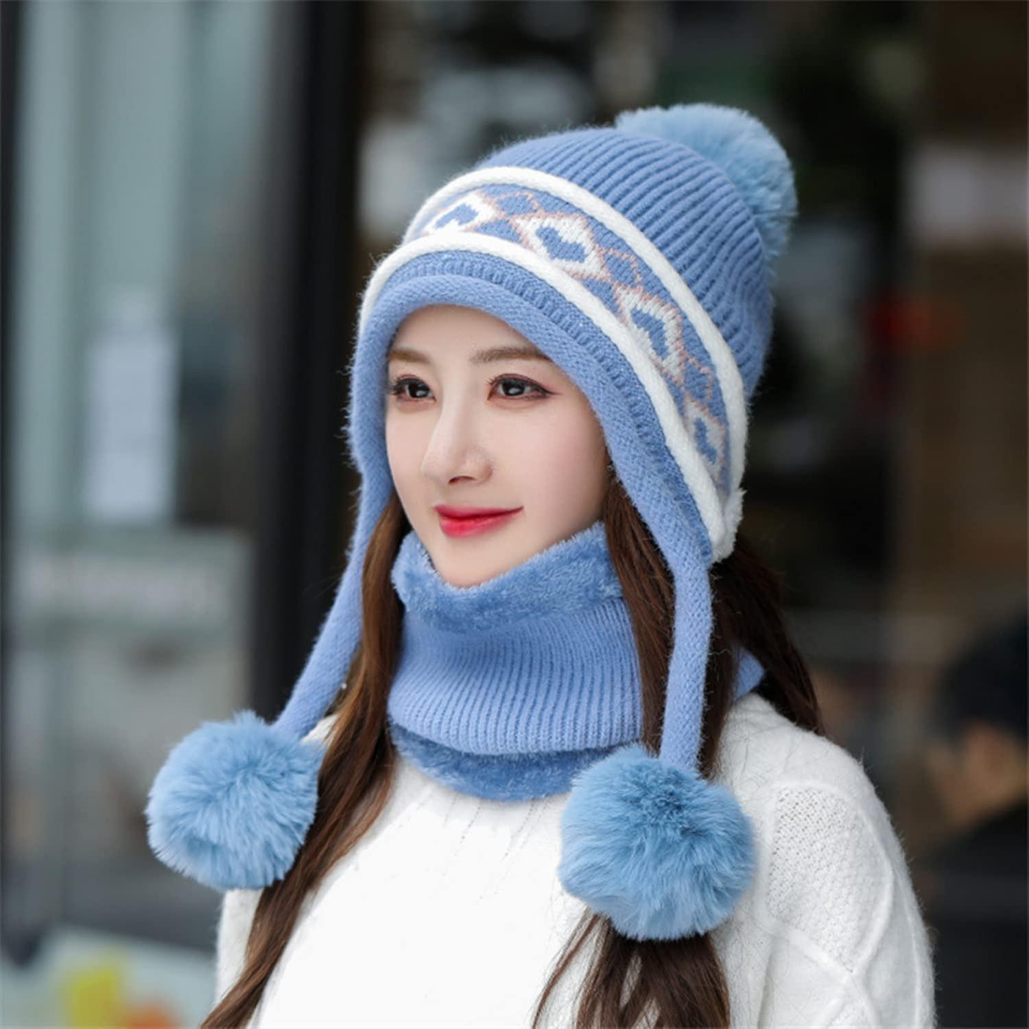 Women Winter Beanie Hat Peruvian Circle Scarf Set Ski Ear Flaps Caps Dual Layered Fleece Lined Pompoms E1450215-blue -