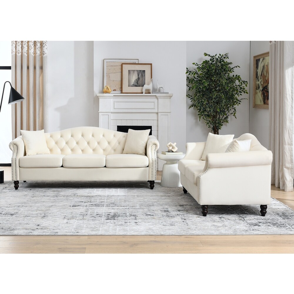 Velvet Upholstered Chesterfield Sofa Set w/Nailhead Tufted Back Sectional Sofa Set w/Flared Arms for Livingroom