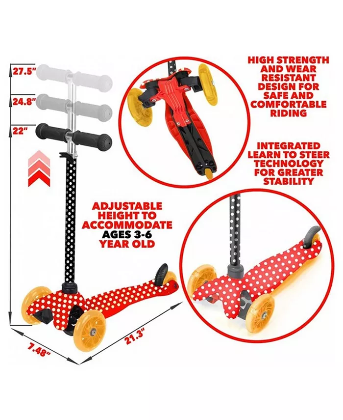 Rugged Racers Polka Dot Design Mini Deluxe 3 Wheel Scooter with LED Lights