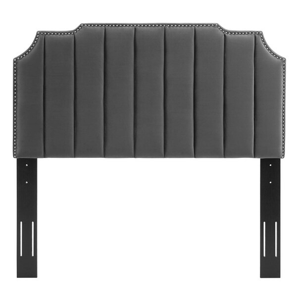 Littleton Channel Tufted Charcoal Velvet Upholstered Twin Size Headboard with Nailhead Trim - - 34139020