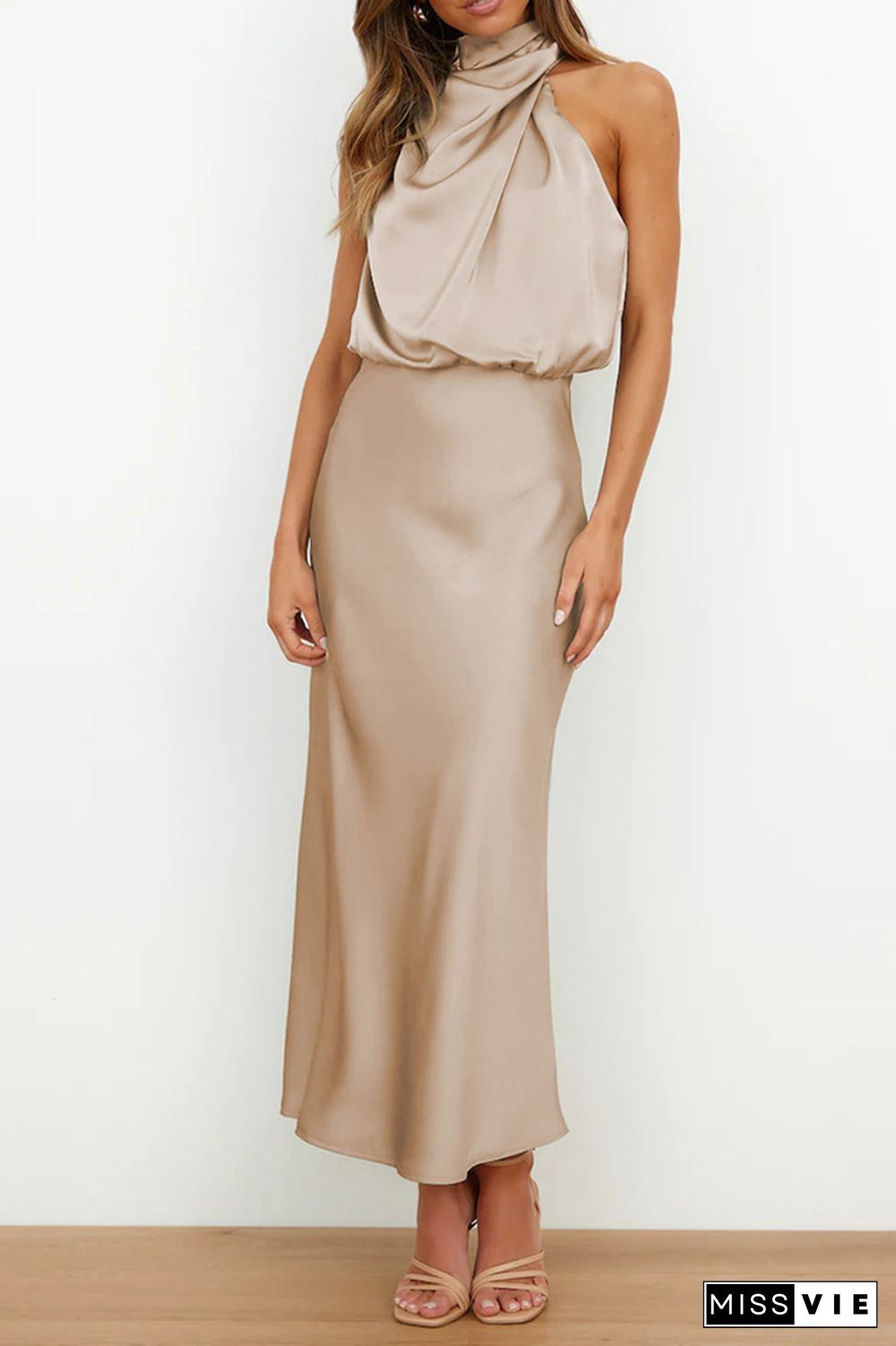 Ruched Cut Shoulder Sleeveless Sily Maxi Dress