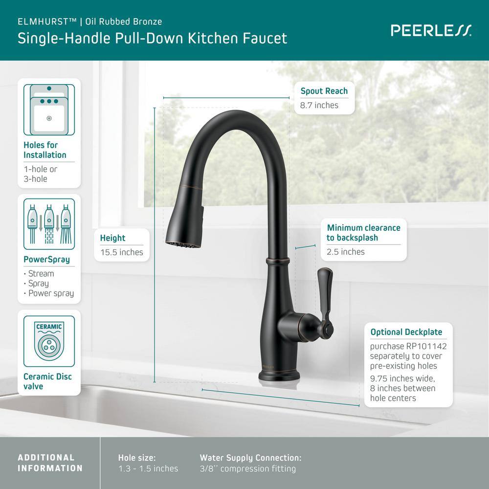 Peerless Elmhurst Single-Handle Pull-Down Sprayer Kitchen Faucet in Oil Rubbed Bronze P7965LF-OB