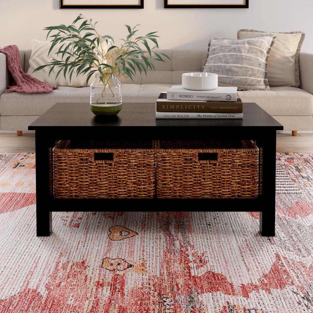 Woven Paths Traditional Storage Coffee Table with Bins， Black